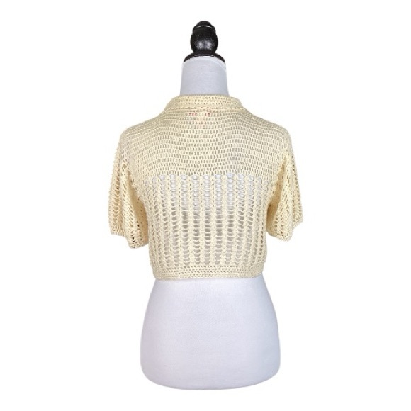 Vintage Betsey Johnson Ivory Crochet Knit Short Sleeve Cropped Cardigan Size L - Picture 3 of 8